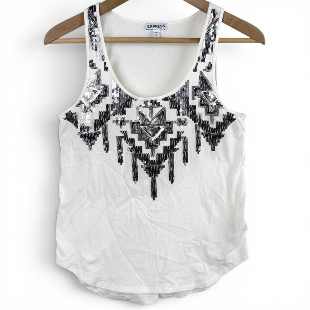 Express Women's Aztec Sequin Tank Top XS Sleeveless White Top